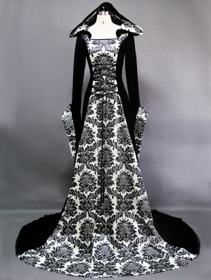 White and Black Velvet Gothic Hooded Medieval Gown