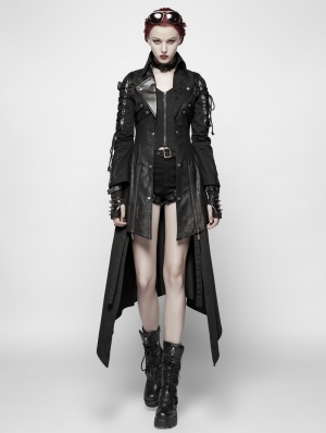 Black Long Sleeves Leather Gothic Trench Coat for Women