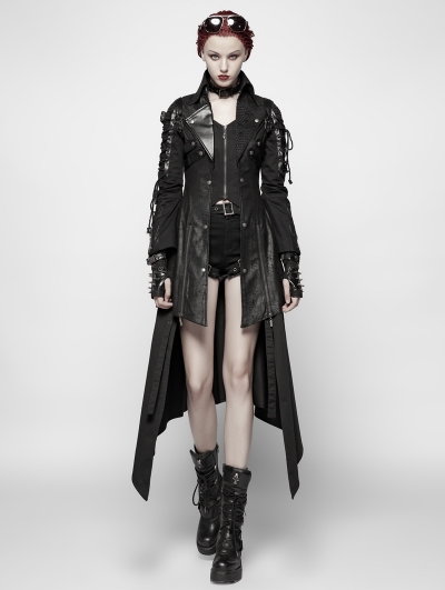 Womens Leather Jacket Classic Leather Gothic Ladies Full Length Coat UK