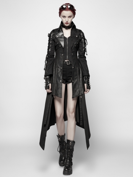 Leather Gothic Trench Coat For Women, Goth Style Trench Coat