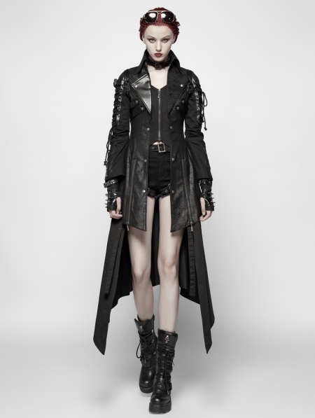 Black Long Sleeves Leather Gothic Trench Coat for Women - Devilnight.co.uk