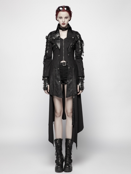 Long Sleeves Leather Gothic Trench Coat, Black Leather Gothic Trench Coat