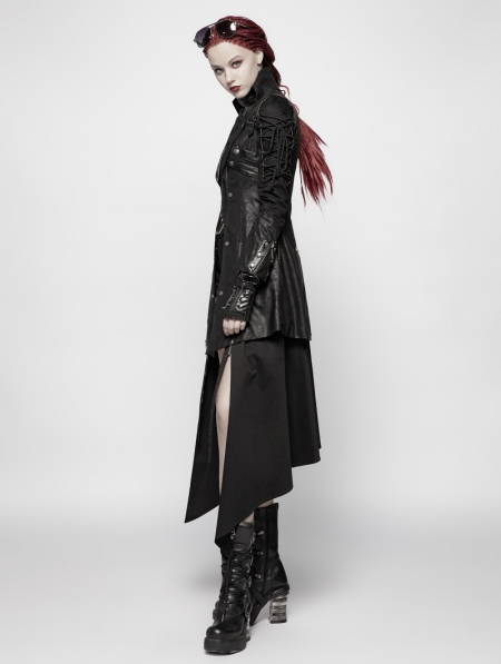 Women Long Dovetail Gothic Trench Coat Front Zipper Up Tailcoat Jacket