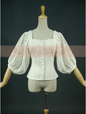 White Vintage Bubble Sleeves Blouse