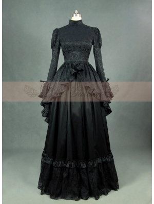 Black Satin Long Sleeves Gothic Victorian Dress