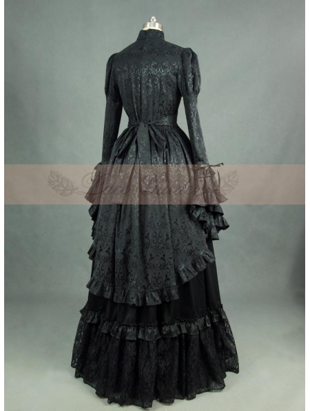 Black Satin Long Sleeves Gothic Victorian Dress - Devilnight.co.uk