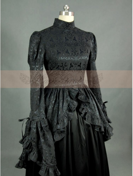 Black Satin Long Sleeves Gothic Victorian Dress - Devilnight.co.uk