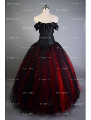 Romantic Black and Red Vintage Gothic Corset Long Prom Dress