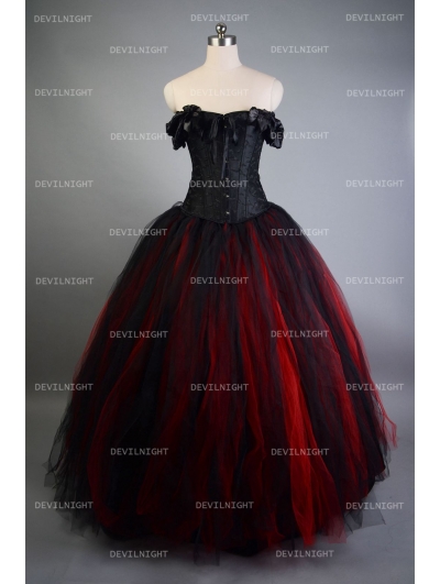 Romantic Black and Red Vintage Gothic Corset Long Prom Dress