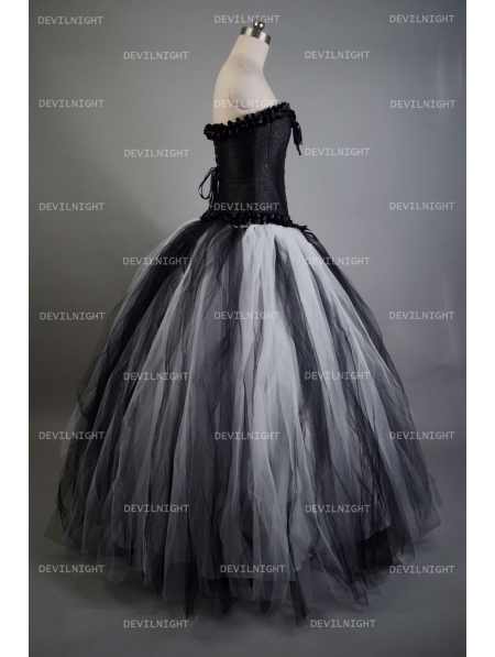Romantic Black and White Gothic Corset Long Prom Dress Devilnight