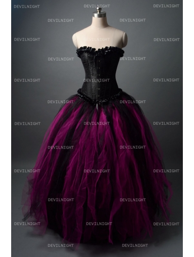Black and Fuchsia Gothic Corset Burlesque Long Prom Party Dress