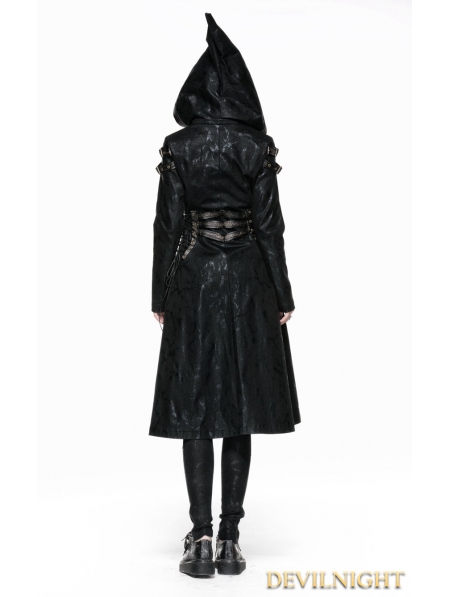 Black Leather Witch Style Gothic Coat for Women - Devilnight.co.uk