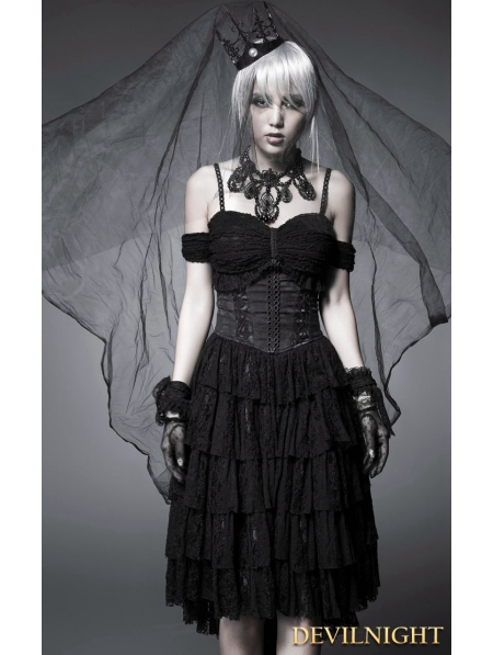 Black Off-the-Shoulder Gothic Corset High-Low Dress - Devilnight.co.uk