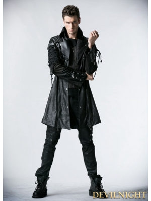 Black Long Sleeves Leather Gothic Trench Coat for Men