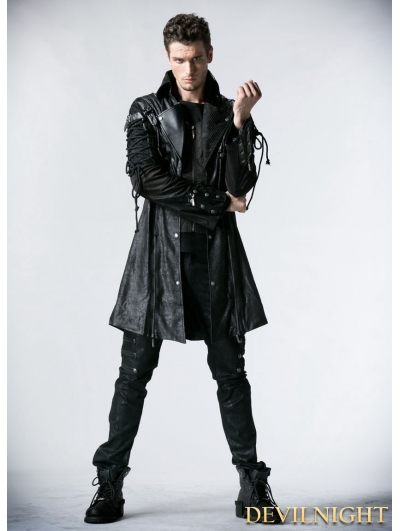 Black Long Sleeves Leather Gothic Trench Coat for Men