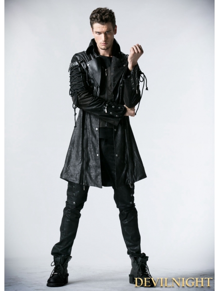 Black Long Sleeves Leather Gothic Trench Coat for Men - Devilnight.co.uk