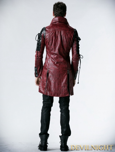 Red and Black Long Sleeves Leather Gothic Trench Coat for Men ...