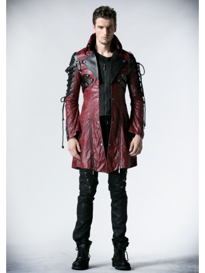 Red and Black Long Sleeves Leather Gothic Trench Coat for Men