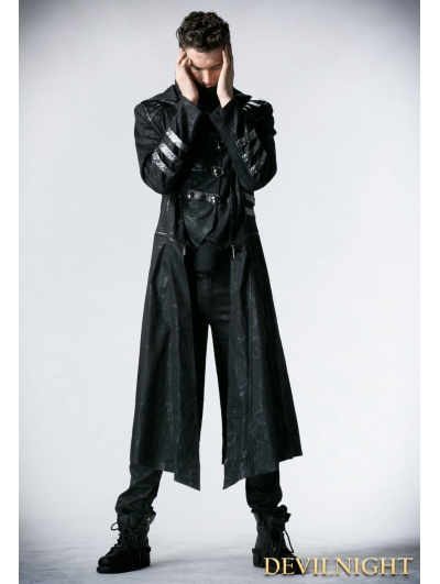 Black Long to Short Gothic Military Trench Coat for Men