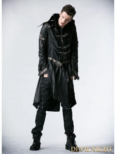 Black Leather Gothic Punk Trench Coat for Men - Devilnight.co.uk