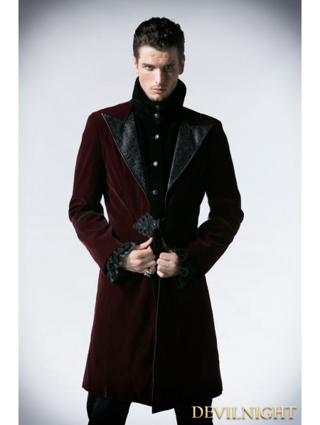 Red Velvet Gothic Chinese Style Trench Coat for Men - Devilnight.co.uk