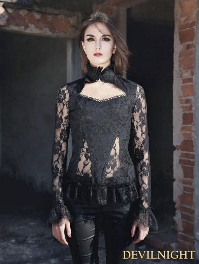 Black Sexy High Collar Lace Blouse for Women