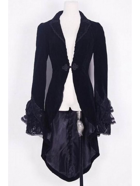 Black Velvet Gothic Swallow-Tailed Coat for Women - Devilnight.co.uk