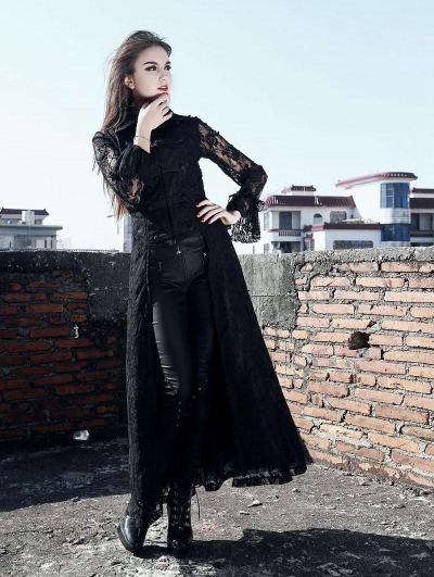 Black Lace Gothic Trench Coat for Women