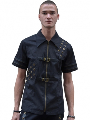 Black Buckle Gothic Short Sleeves Blouse for Men