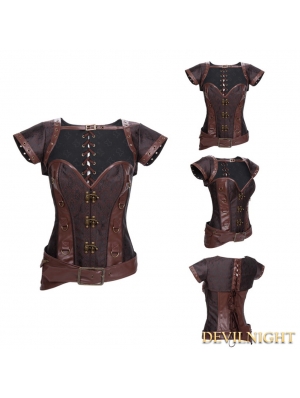Brown Brocade Overbust Steampunk Corset with Jacket
