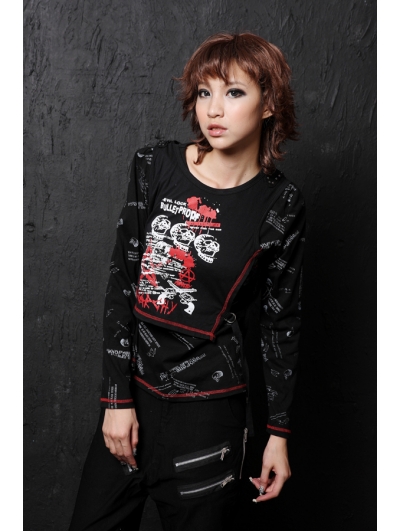 Black Crossbones Pattern Punk T-Shirt for Women