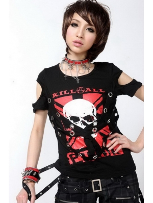 Black Short Sleeves Punk T-Shirt for Women