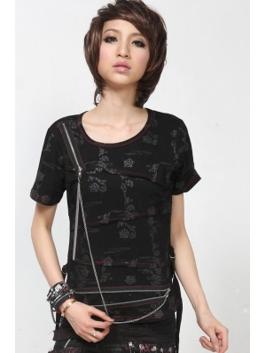 Black Short Sleeves Chain Punk T-Shirt for Women