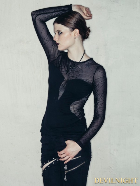 Black Spider Web Gothic Long Sleeves Shirt for Women - Devilnight.co.uk