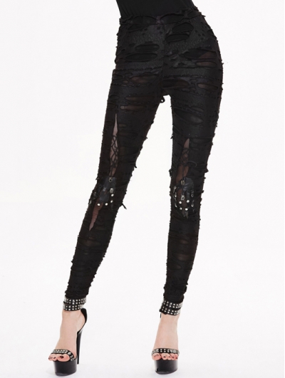 Black Knitting Hole Gothic Punk Legging for Women