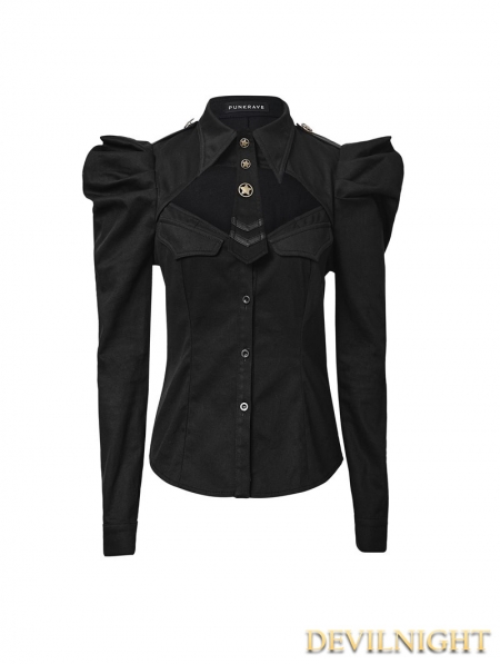 Black Gothic Uniform Style Shirt with Puff Sleeves - Devilnight.co.uk