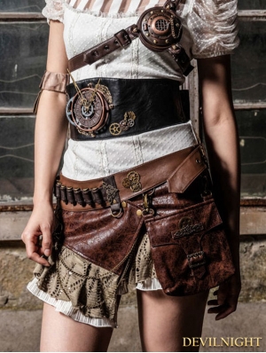 Brown Steampunk Short Skirt with Waist Bag