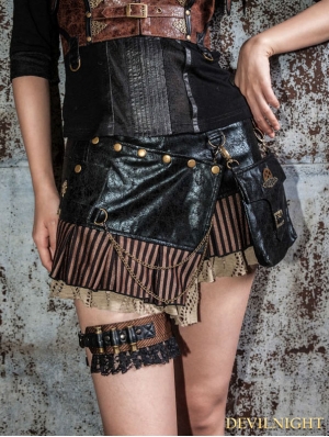 Black Steampunk Short Skirt with Waist Bag