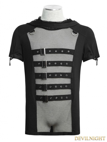 Black Gothic Hooded Mesh T-Shirt for Men - Devilnight.co.uk