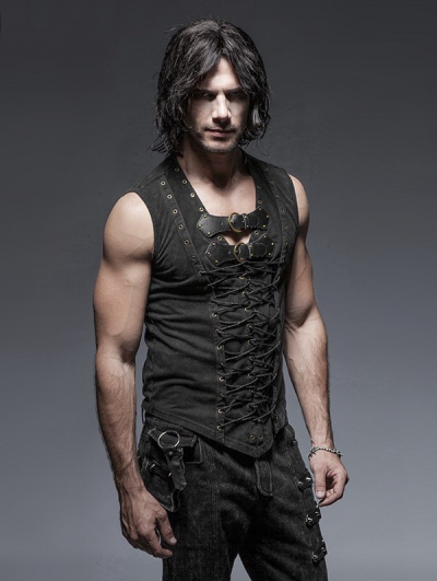 Black Gothic Front Strap Vest for Men