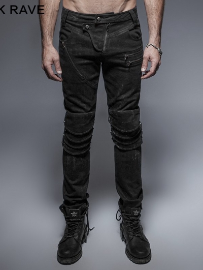 Black Gothic Punk Armor Knee Jeans for Man