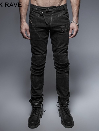 Black Gothic Punk Armor Knee Jeans for Man - Devilnight.co.uk