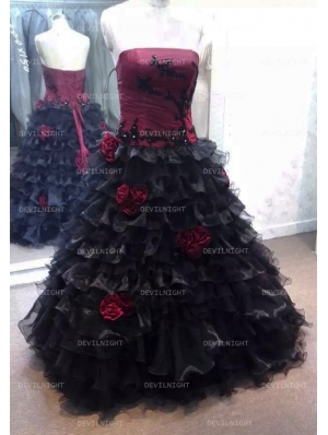 Red and Black Rose Accents Gothic Wedding Dress