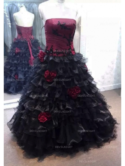 Red and Black  Rose  Accents Gothic  Wedding  Dress  