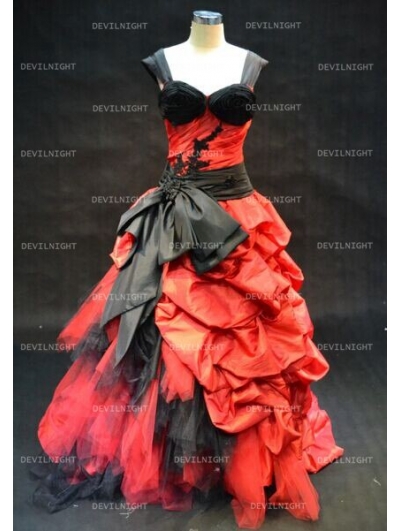  Red  and Black  Gothic Wedding  Dress  with Straps 