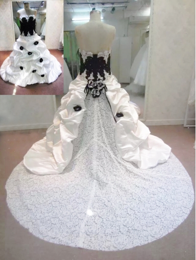 White and Black Taffeta and Lace Romantic Gothic Wedding Dress