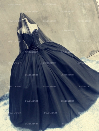 Black Beading Ball Gown Gothic Wedding Dress