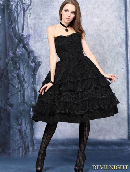 Black Gothic Flocking Corset Dress - Devilnight.co.uk