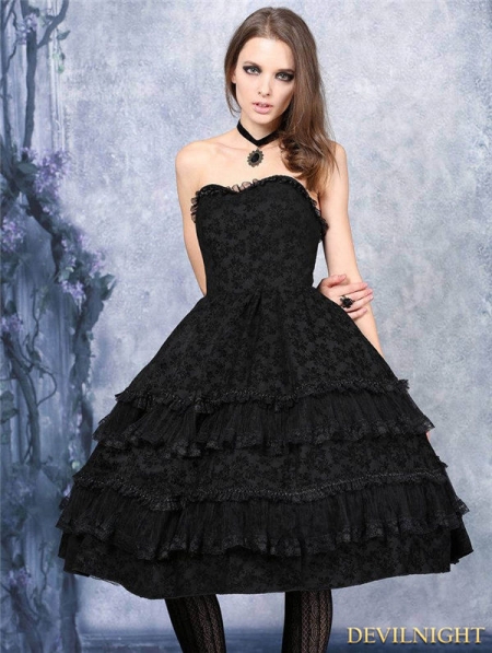 Black Gothic Flocking Corset Dress - Devilnight.co.uk