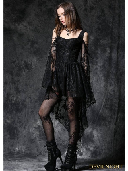 Black Off-the-Shoulder Long Sleeves High-Low Lace Gothic Dress ...